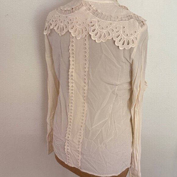 Reiss 2 Embroidered detailed Cream Blouse fancy collar button front long sleeve - Picture 6 of 9